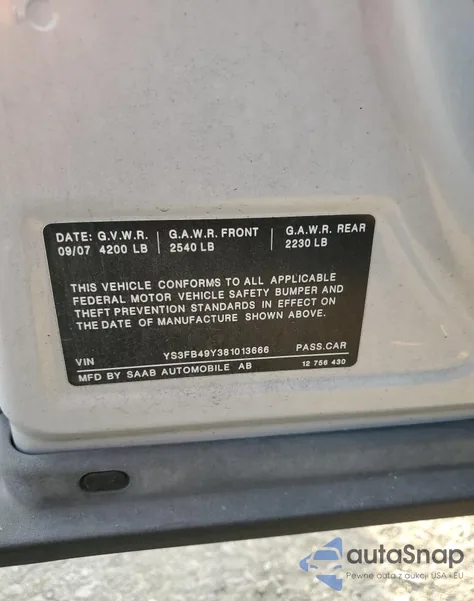 2008 Saab 9-3 2.0T z USA, uszkodzony, nr VIN YS3FB49Y381013666